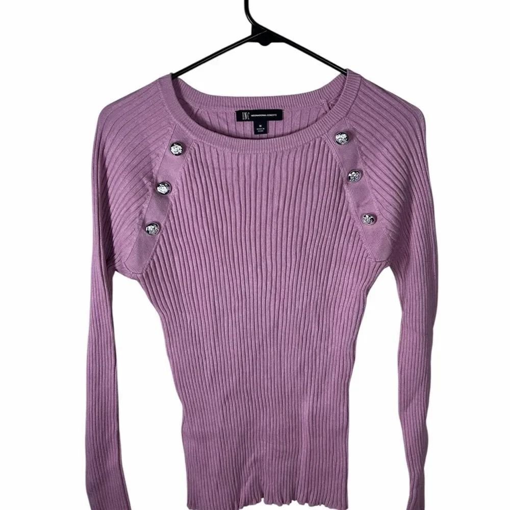 INC International Concepts Lilac Ribbed Long Sleeve Top with Shoulder Buttons